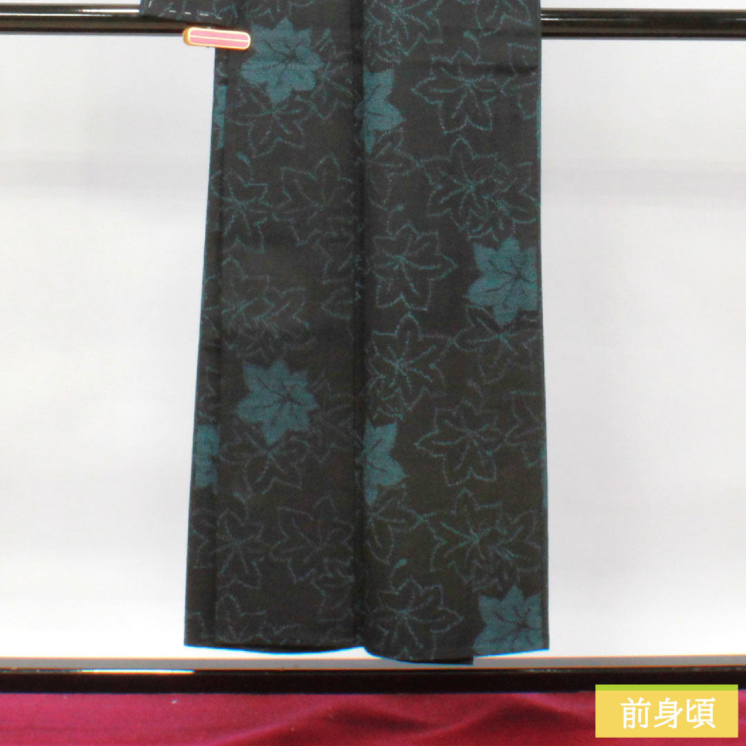 紬 正絹 身丈151.5cm 裄丈62cm 紅葉 Aランク 単衣 黒系 1116003153210