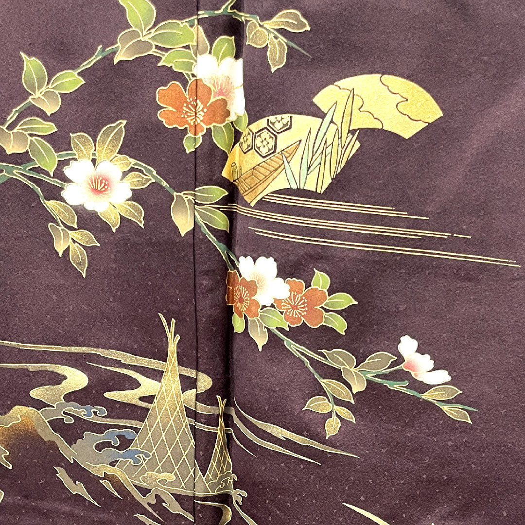 訪問着 袷 身丈160.5cm 裄丈65cm しつけ糸付き 深紫色 京友禅 草花模様 正絹 Aランク 紫系 1112002413420