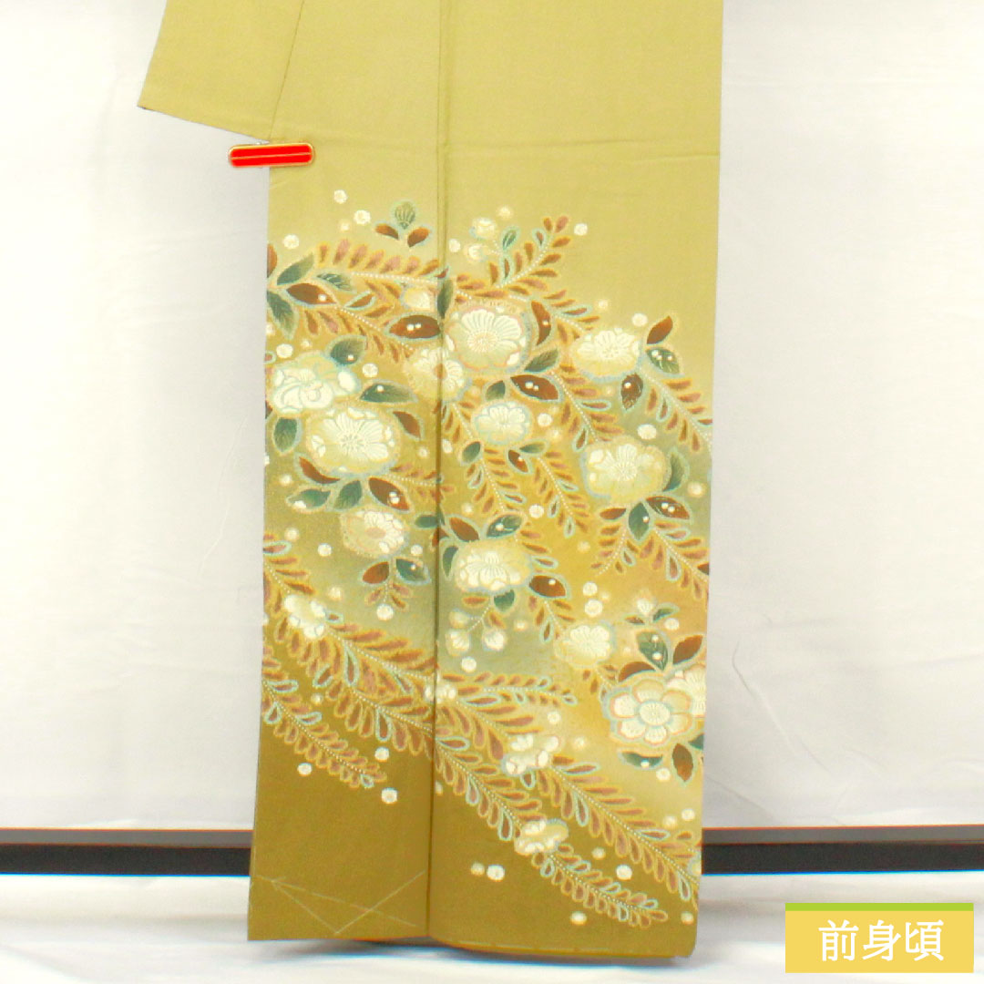 訪問着 正絹 袷 身丈162cm 裄丈62.5cm 薄柳色(うすやなぎいろ) 辻ヶ花 ちりめん地 重ね衿付き しつけ糸付き Sランク 緑系 1112005202419