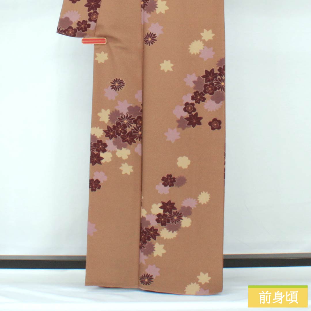 小紋 ポリエステル 身丈164.5cm 裄丈66.5cm 袷 猟虎茶色(らっこちゃいろ) 吹き寄せ 洗える着物 Sランク 茶系 1115005802414