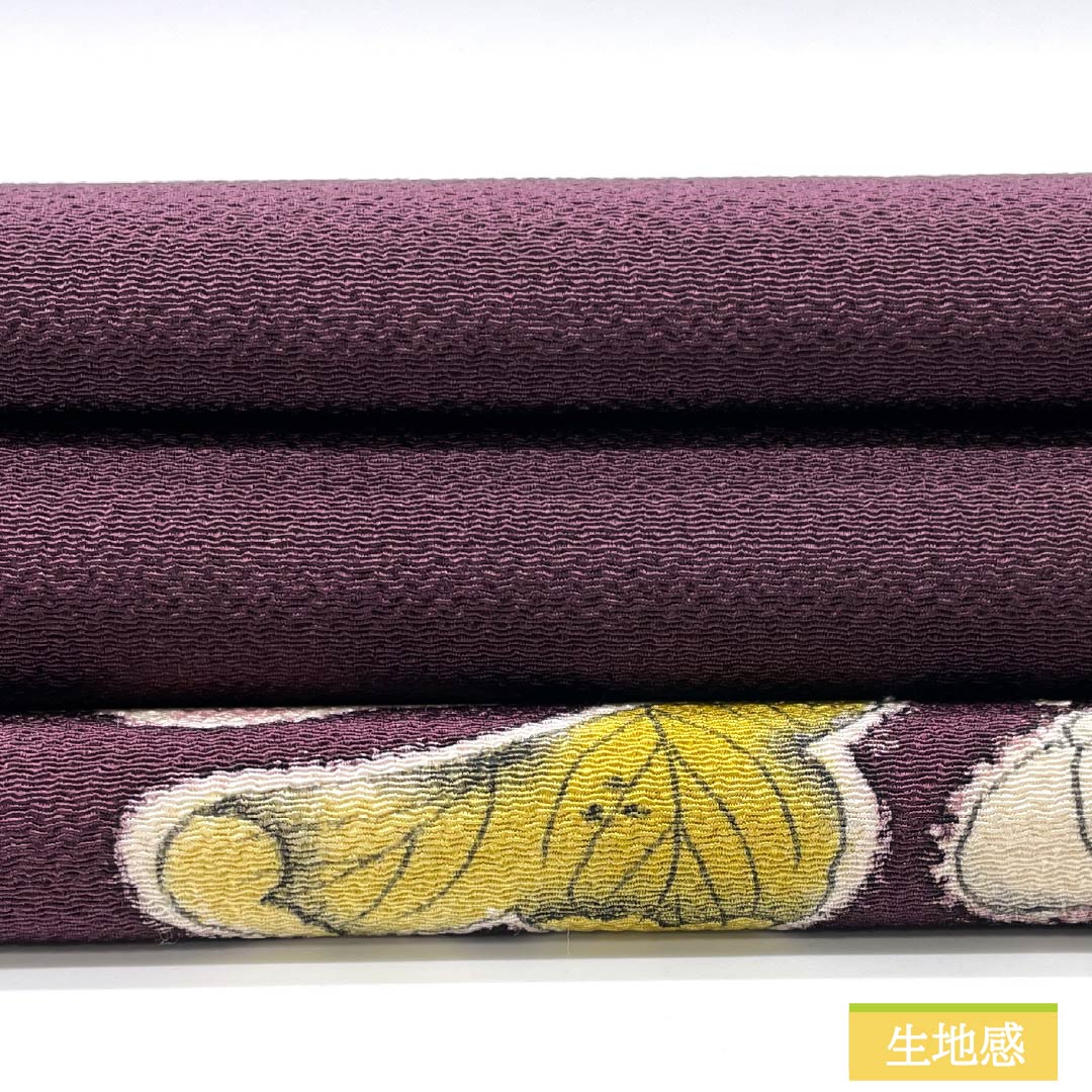 名古屋帯 蒲萄色(えびいろ) ちりめん地 辻ヶ花 帯丈371cm 正絹 Sランク ポイント柄 セミフォーマル 紫系 1124008082320 名古屋仕立て