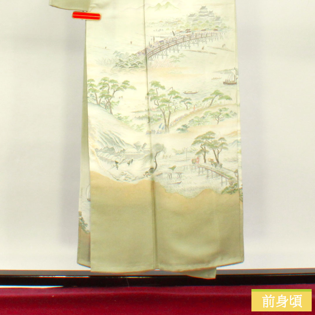 彩色留袖、纯丝、长度152cm、袖长63cm、里料、黄绿色和灰色、寿编织、山水纹、一个纹章、五葫芦和中国花图案圆圈、附缝纫线、未使用、S级、绿色、1111001342219