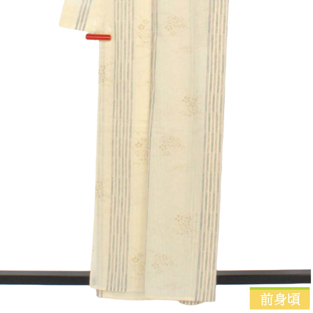 夏物 ポリエステル 紬 Sランク 身丈160cm 裄丈65cm 練色(ねりいろ) 洗える着物 矢羽根 草花模様 紗 クリーム系 1132005642415
