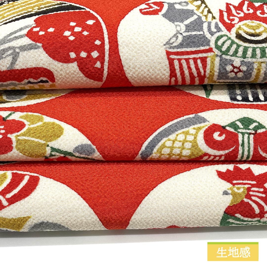 名古屋帯 赤色(あかいろ) 玩具 ちりめん地 帯丈340cm 正絹 Sランク 全通 カジュアル 赤系 1124006492312 名古屋仕立て