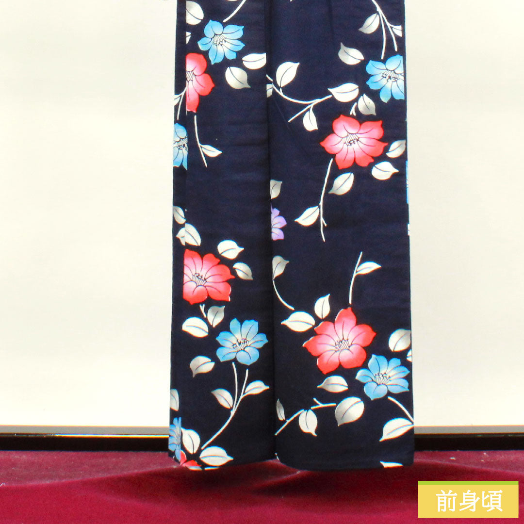 浴衣 木綿 身丈157cm 裄丈62.5cm Aランク 単衣 紺系 濃紺色(のうこんいろ) 椿 1118004593318