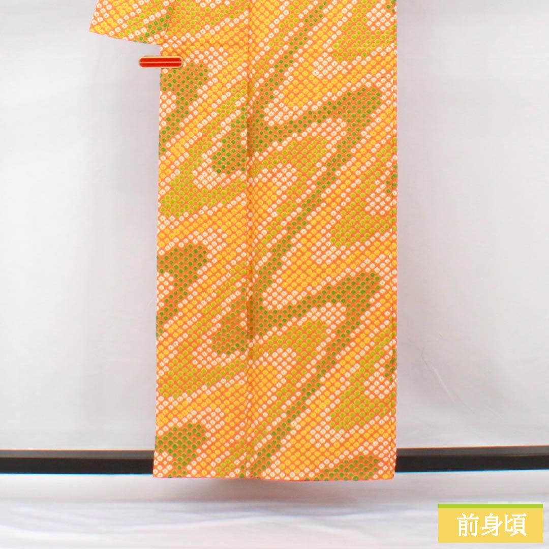 Komon, pure silk, length 159.5cm, sleeve length 65cm, lined, ochre, tie-dyed, flowing water, with basting thread, B rank, orange, 1115005454326