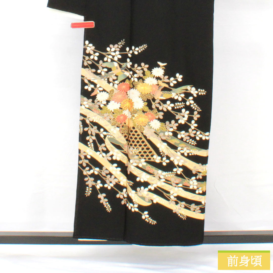 黒留袖 正絹 身丈154cm 裄丈65cm 袷 京友禅 鳳凰 束ね熨斗 五つ紋 片喰 Aランク 黒系 1111001583210