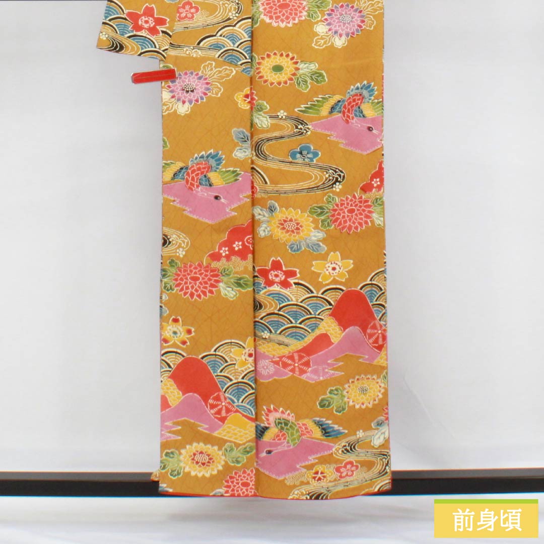 小紋 正絹 Sランク 身丈156cm 裄丈63.5cm 袷 狐色(きつねいろ) 京紅型 吉祥文様 橙系 1115006402326