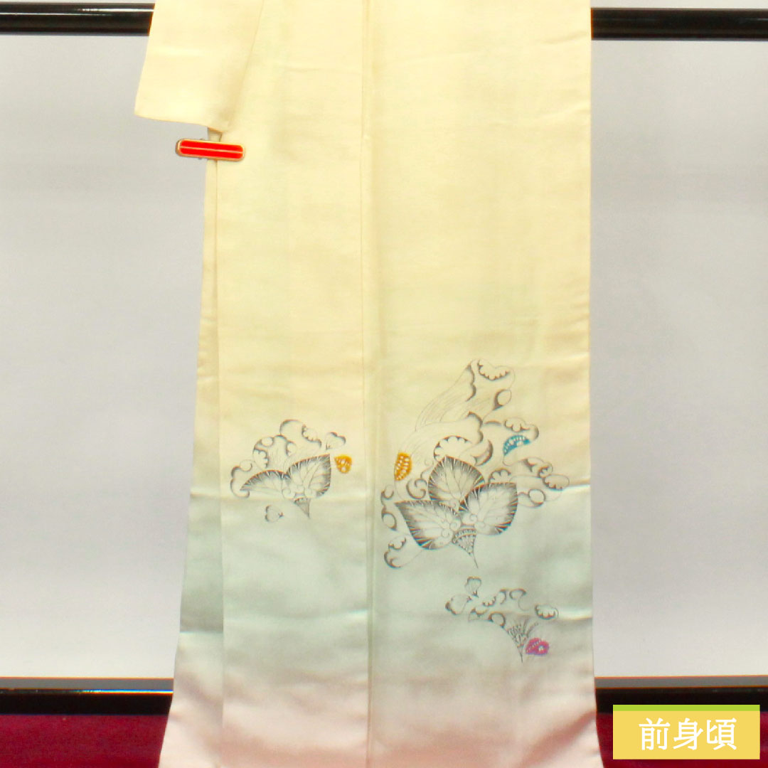 Homongi, pure silk, lined, length 171.5cm, sleeve length 72.5cm, lacquered color, Tsujigahana pattern, basting thread included, unused, S rank, cream color, 1112003452615