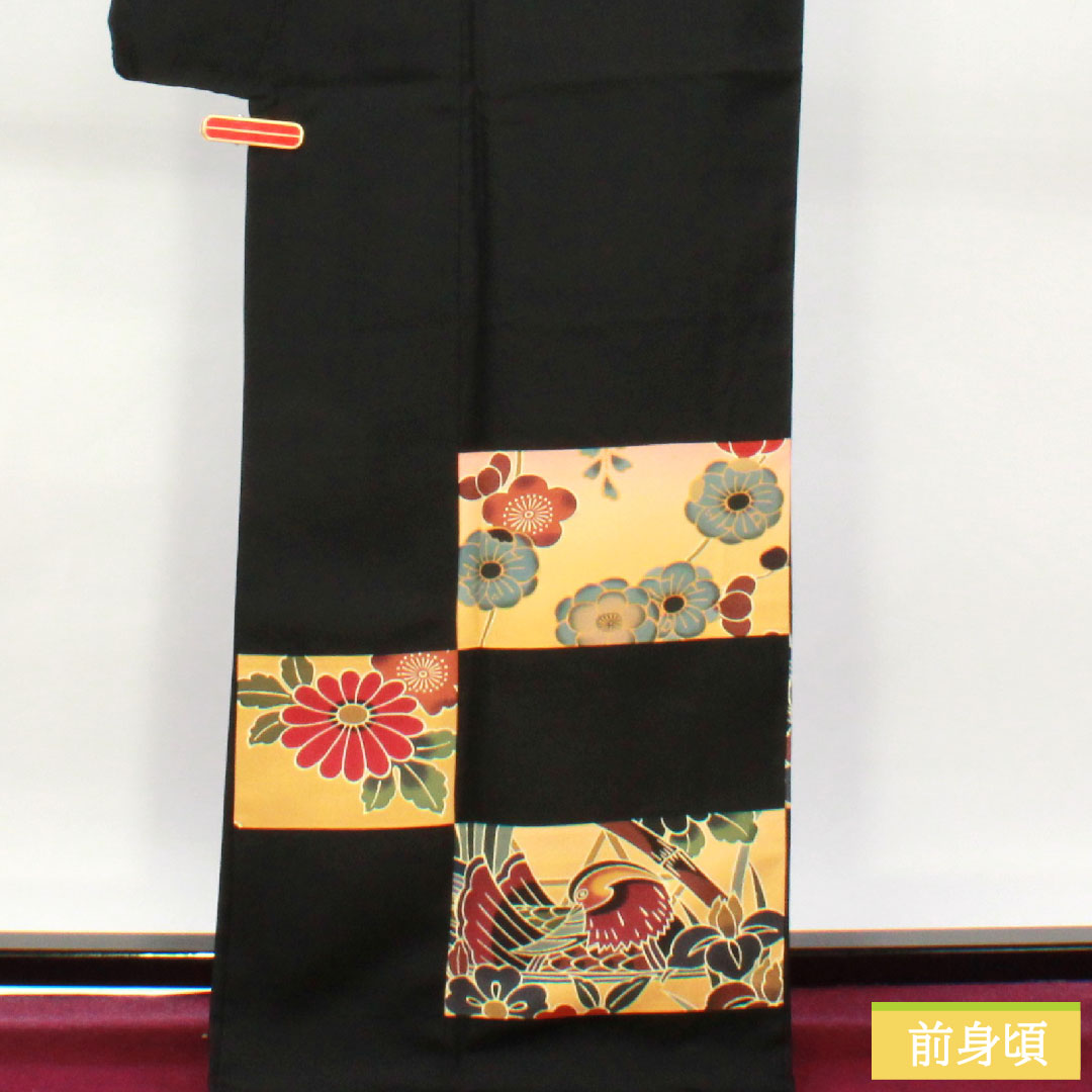 Homongi, pure silk, lined, length 169.5cm, sleeve length 69cm, inlay, Kyoto Bingata, one crest, S rank, black, 1112004192510