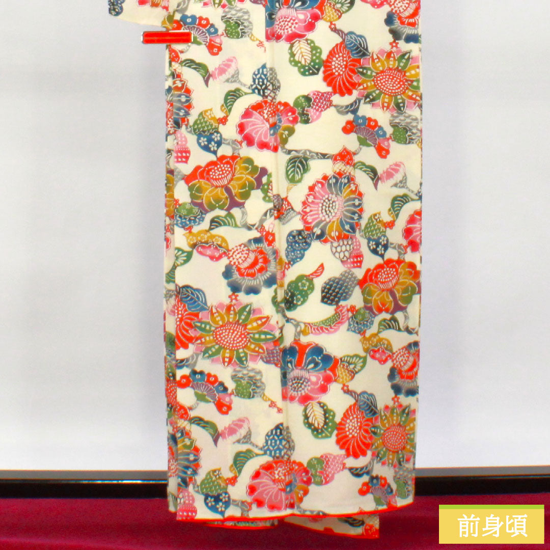 小紋 正絹 身丈158cm 裄丈62cm 袷 乳白色(にゅうはくしょく) 京紅型 草花模様 Aランク クリーム系 1115004293315