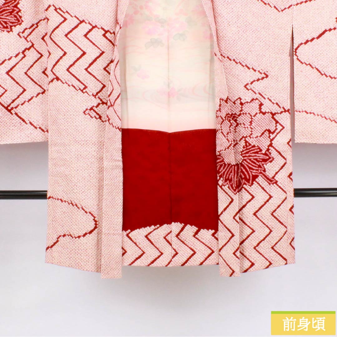 羽織 正絹 Sランク 身丈87cm 裄丈67cm 生臙脂色(しょうえんじいろ) 絞り 花 袷 赤系 1117001322912