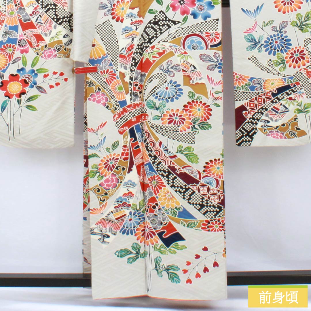 振袖 正絹 Sランク 身丈160.5cm 裄丈64cm 袷 銀白色(ぎんはくしょく) 京友禅 束ね熨斗 紗綾形 グレー系 1113002462422