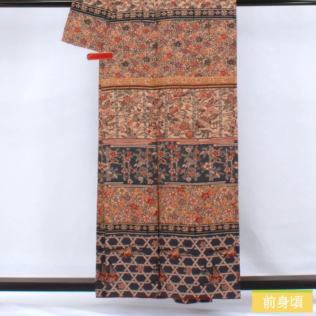 訪問着 正絹 Aランク 袷 身丈156.5cm 裄丈61.5cm 丁子茶色(ちょうじちゃいろ) 京紅型 吉祥文様 橙系 1112006253326