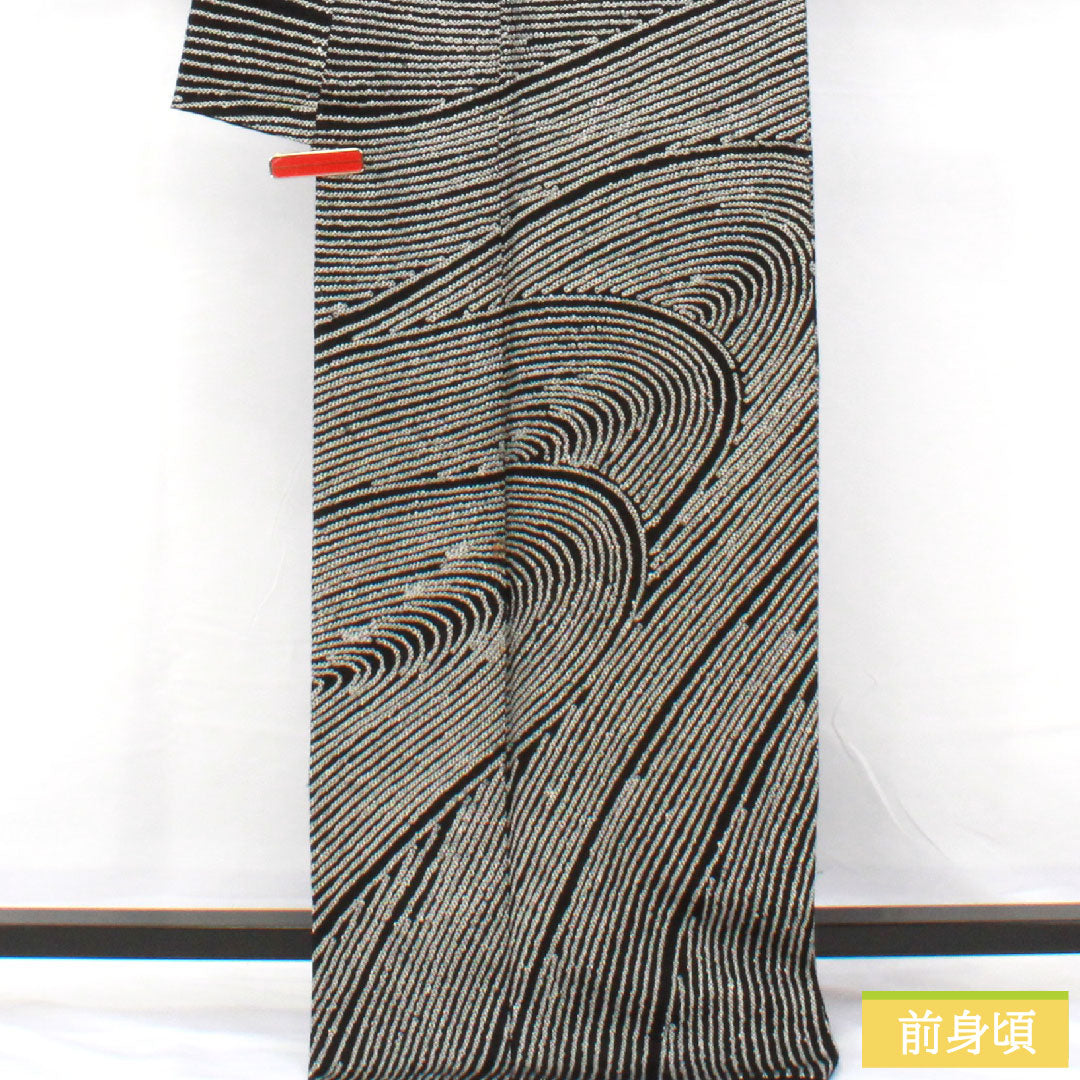 小紋 正絹 身丈171cm 裄丈67.5cm 袷 総絞り 波 Bランク 黒系 1115004724610
