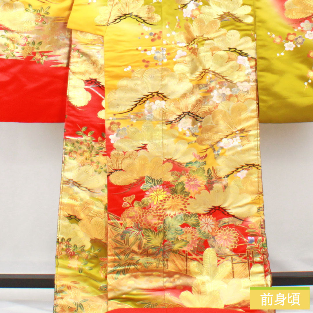色打掛 正絹 Aランク 身丈185cm 裄丈66.5cm 金彩加工 松竹梅 菊 袷 赤系 1110000933912