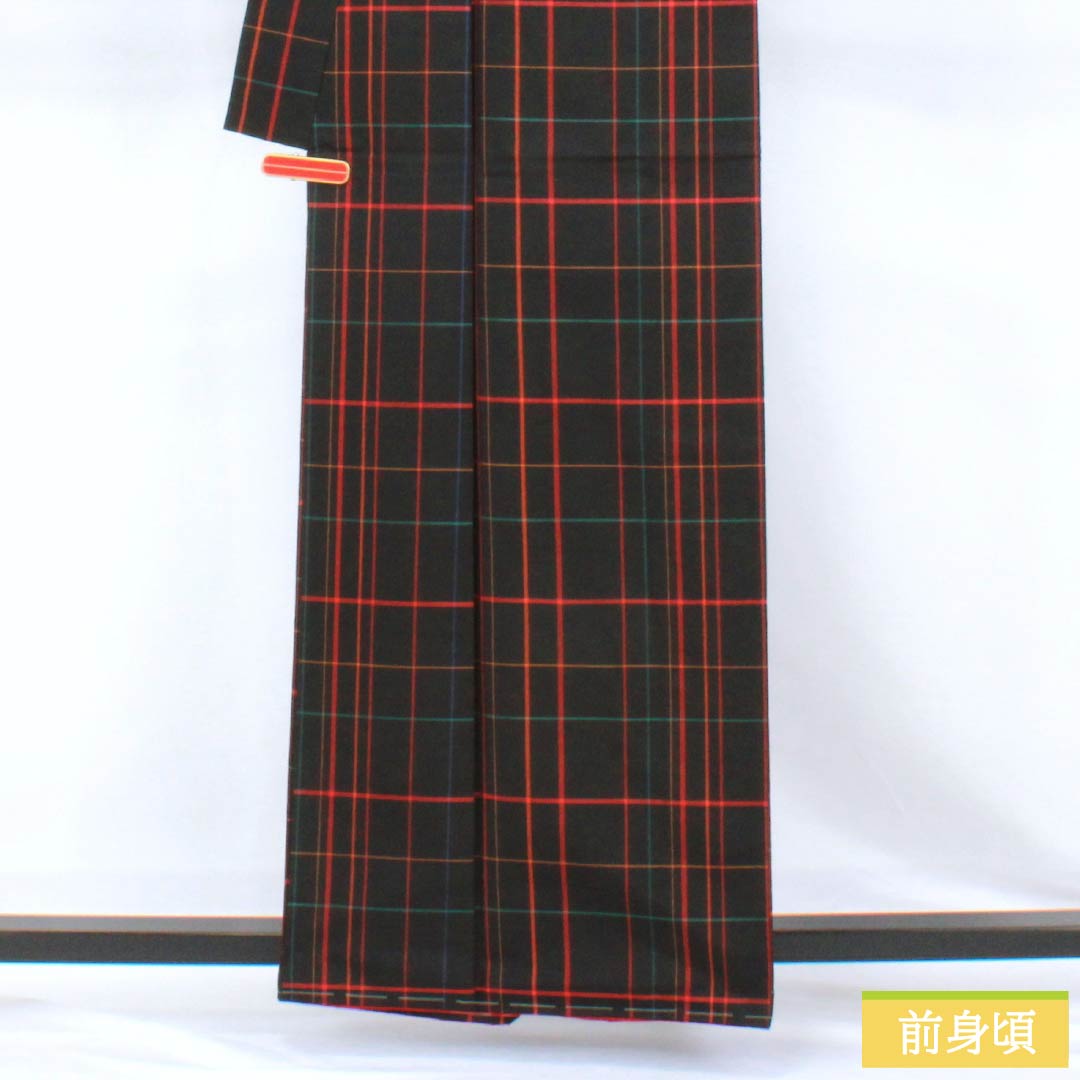 紬 正絹 Bランク 身丈161cm 裄丈64.5cm 大島紬 格子 袷 黒系 1116004924410