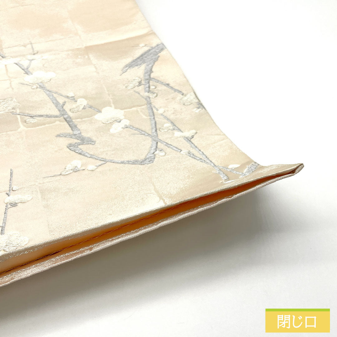 袋帯 ポリエステル Aランク 白茶色(しらちゃいろ) 梅 帯丈426cm 六通 フォーマル ピンク系 1123016053313