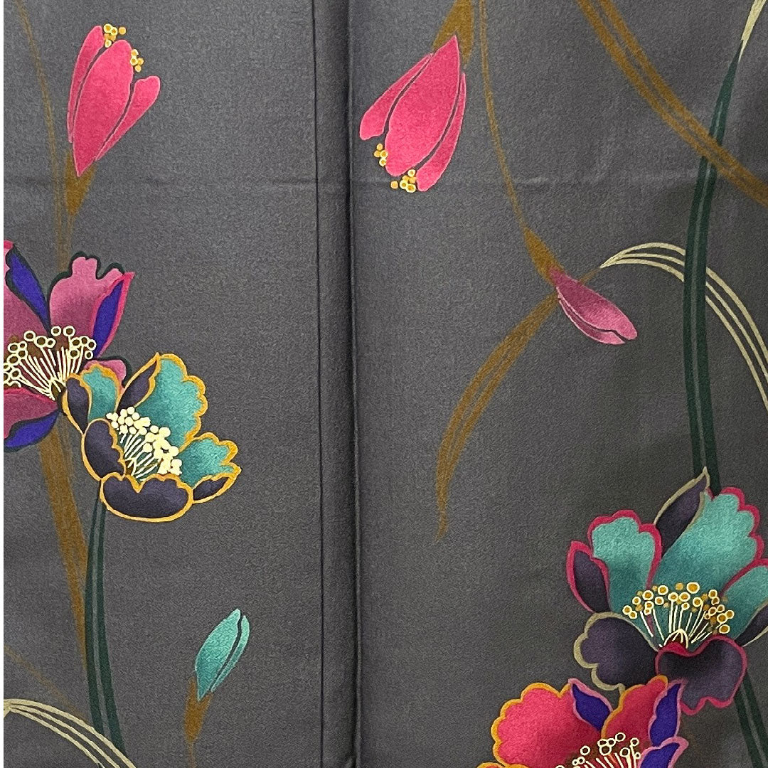 小紋 身丈158.5cm 裄丈64cm 袷 鋼色 しつけ糸付き 未使用品 手描き 京友禅 草花模様 正絹 Sランク グレー系 1115002902322