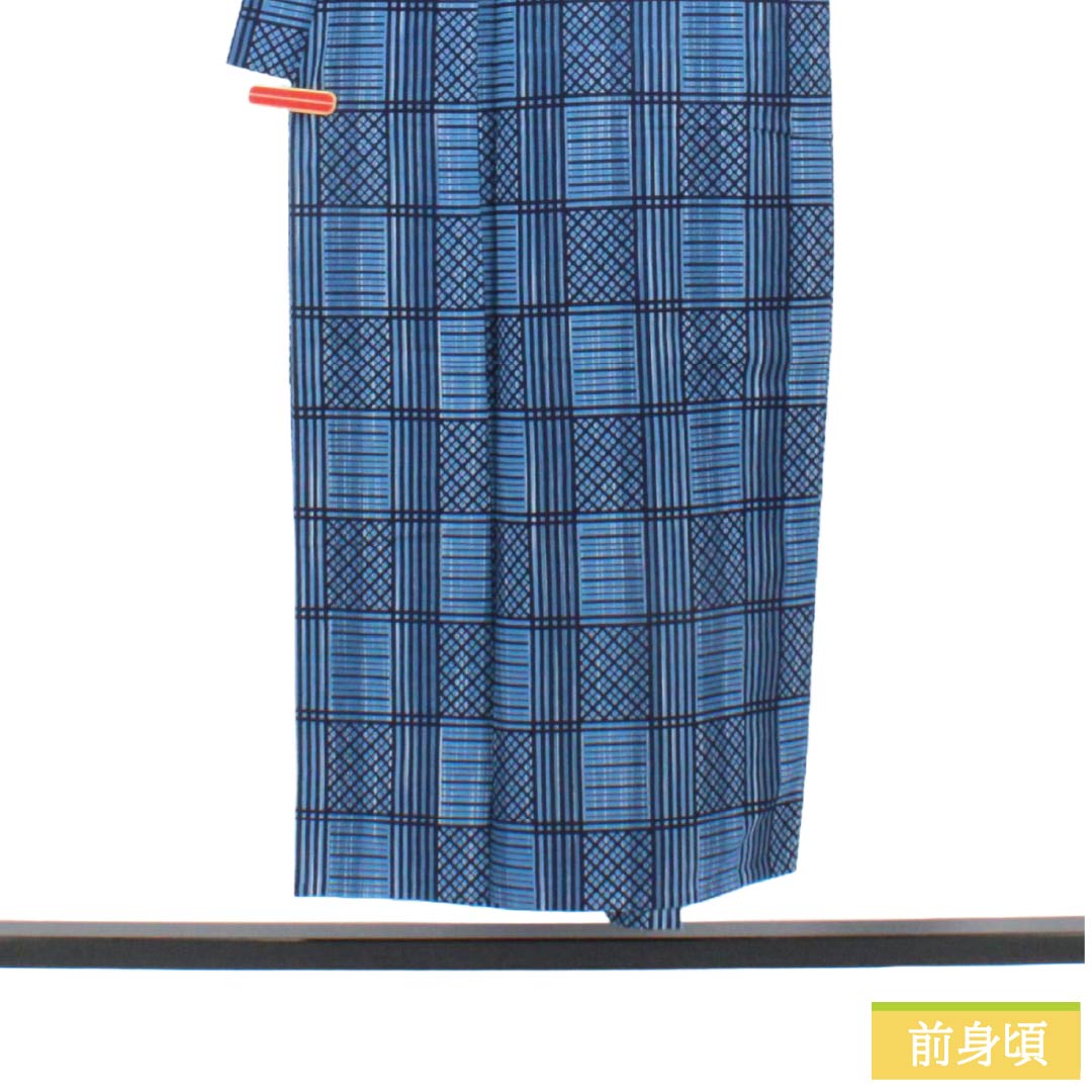 メンズ浴衣 木綿 Sランク 身丈150cm 裄丈74.5cm 勿忘草色(わすれなぐさいろ) 格子 山本寛斎 居敷当て付き 単衣 青系 1138000932517