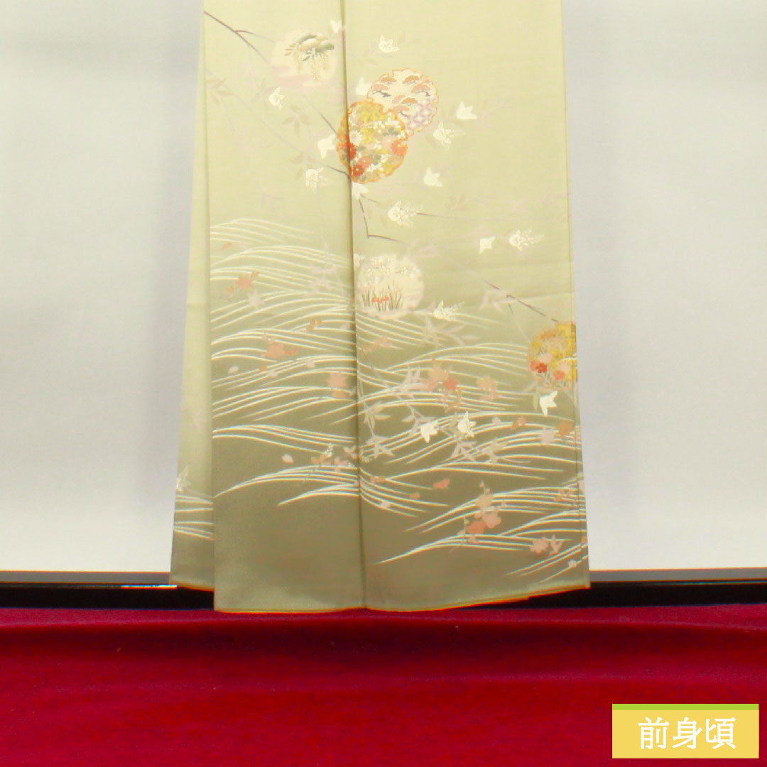 訪問着 袷 身丈155cm 裄丈63cm 利休白茶色 京友禅 吉祥文様 正絹 Sランク 緑系 1112003902319