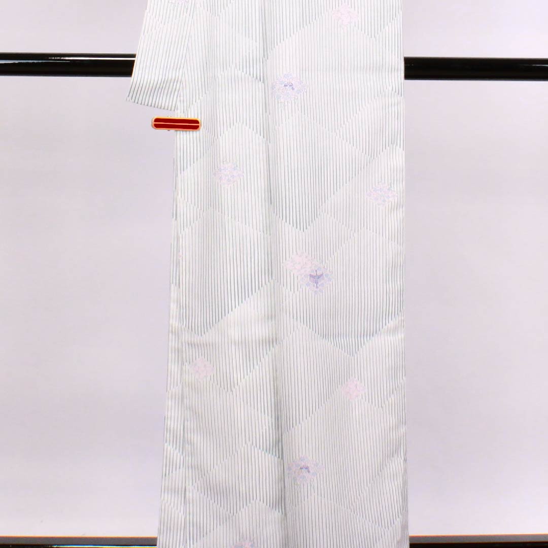Summer polyester komon, length 160cm, sleeve length 63cm, fish belly white, bird, floral arabesque, diamond pattern, silk, S rank, white, 1132000342411