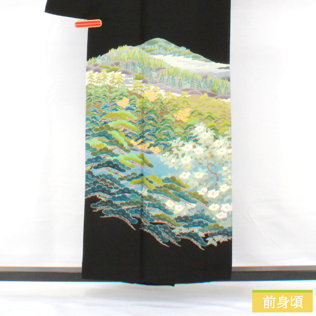 黒留袖 正絹 身丈154.5cm 裄丈62.5cm 袷 京加賀友禅 風景模様 五つ紋 三ツ重ね松 Aランク 黒系 1111001713210