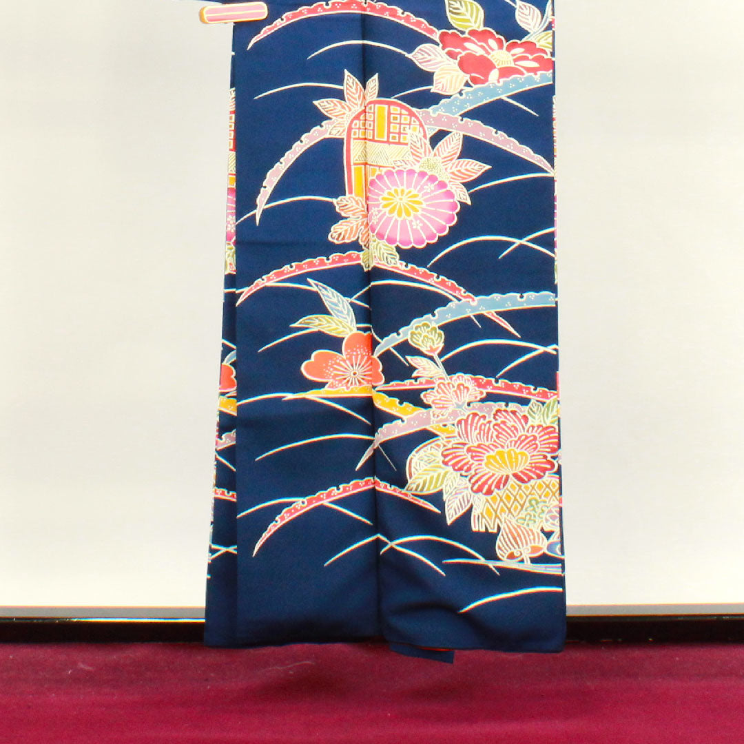 小紋 身丈156.5cm 裄丈62cm 袷 紺藍色 京紅型 菊 露芝 正絹 Sランク 紺系 1115003382318