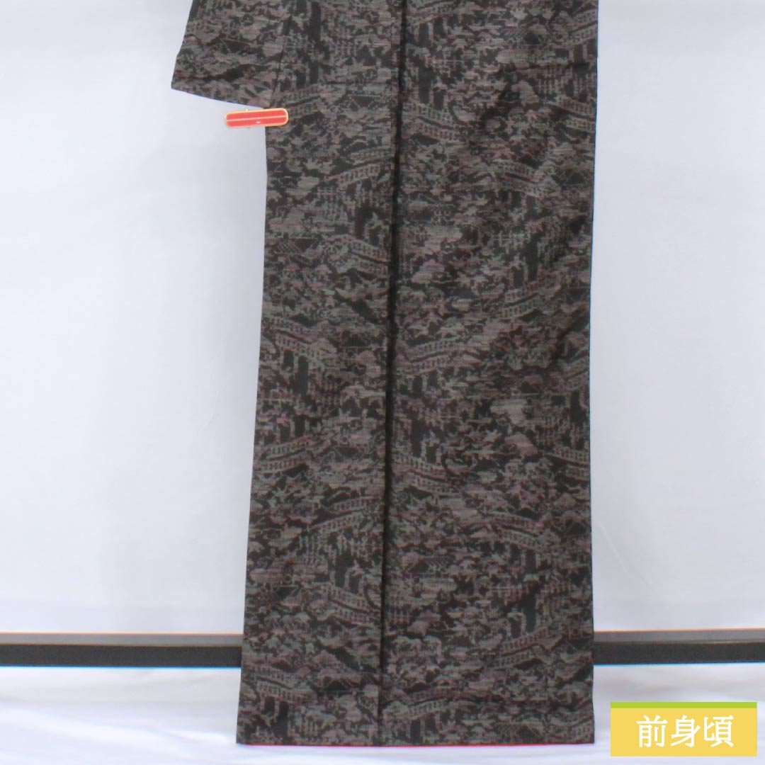 紬 正絹 Aランク 身丈165.5cm 裄丈68cm 横双絣 抽象模様 大島紬 袷 黒系 1116003933510