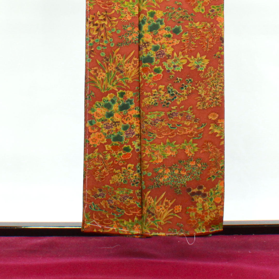 小紋 身丈154.5cm 裄丈61.5cm 袷 錆色 しつけ糸付き 草花模様 正絹 Aランク 茶系 1115003203214