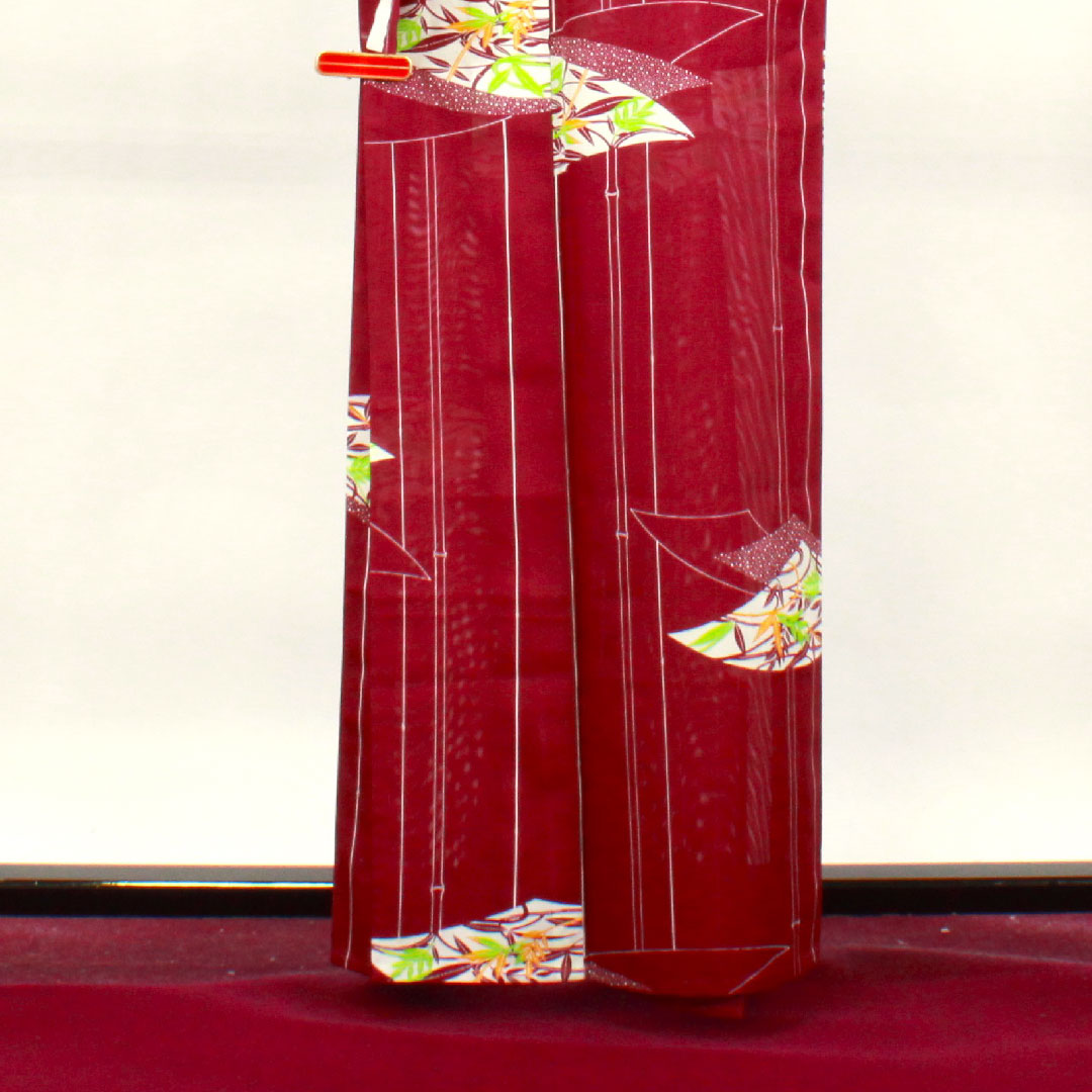 夏物 ポリエステル 小紋 身丈160.5cm 裄丈64cm 壺菫色(つぼすみれいろ) 竹 扇面 洗える着物 絽 Sランク 紫系 1132001422420