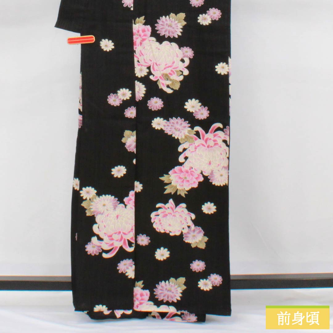 浴衣 木綿 身丈164cm 裄丈69.5cm Sランク 単衣 黒系 菊 1118006282410
