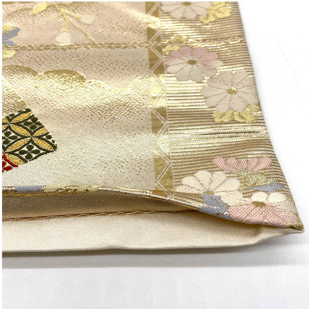 袋帯 生成り色(きなりいろ) 扇面 吉祥文様 七宝 帯丈424cm 正絹 Aランク 六通 フォーマル クリーム系 1123007573315