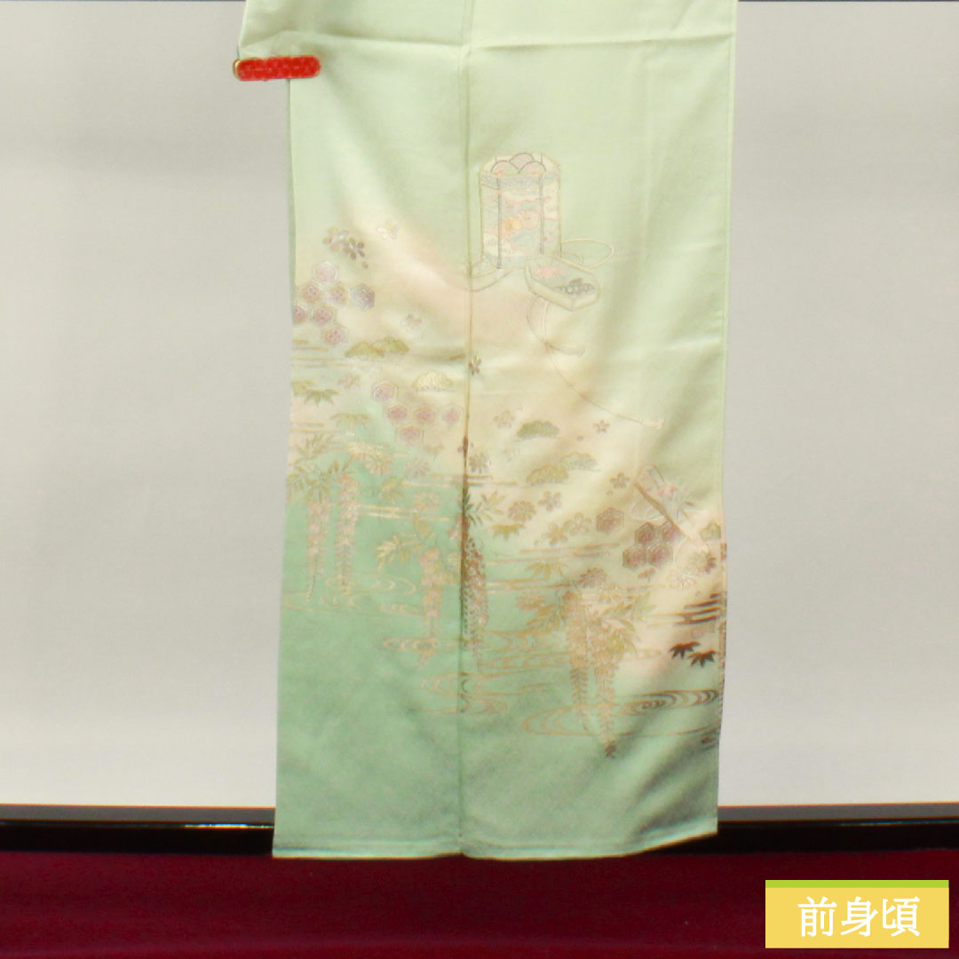 訪問着 正絹 袷 身丈155.5cm 裄丈63.5cm 白緑色(びゃくろくいろ) 金彩友禅 松 藤 貝桶 Sランク 緑系 1112004902319