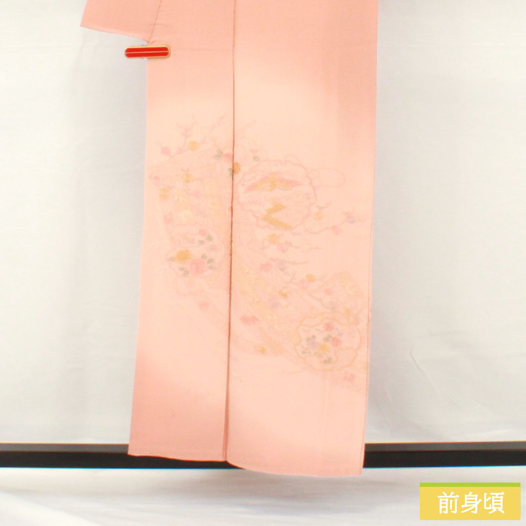 色留袖 正絹 身丈155cm 裄丈62.5cm 袷 東雲色(しののめいろ) 蘇州刺繡 吉祥文様 一つ紋 丸に違い鷹の羽 Bランク ピンク系 1111001694313