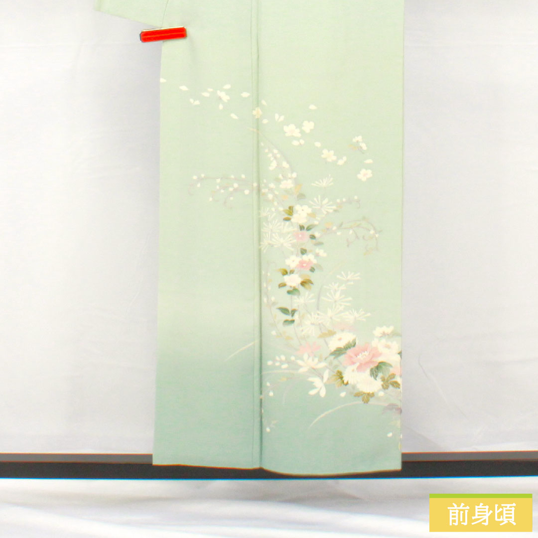 訪問着 正絹 袷 身丈153cm 裄丈65.5cm 秘色(ひそく) 京友禅 桜 椿 菊 スーパーガード加工 Aランク 水色系 1112005503224