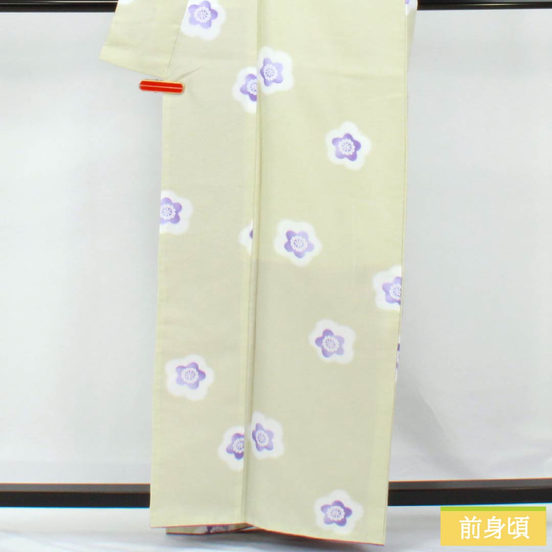 小紋 ポリエステル Aランク 身丈165cm 裄丈66cm 袷 硫黄色(いおういろ) 花 しつけ糸付き 洗える着物 緑系 1115007023519