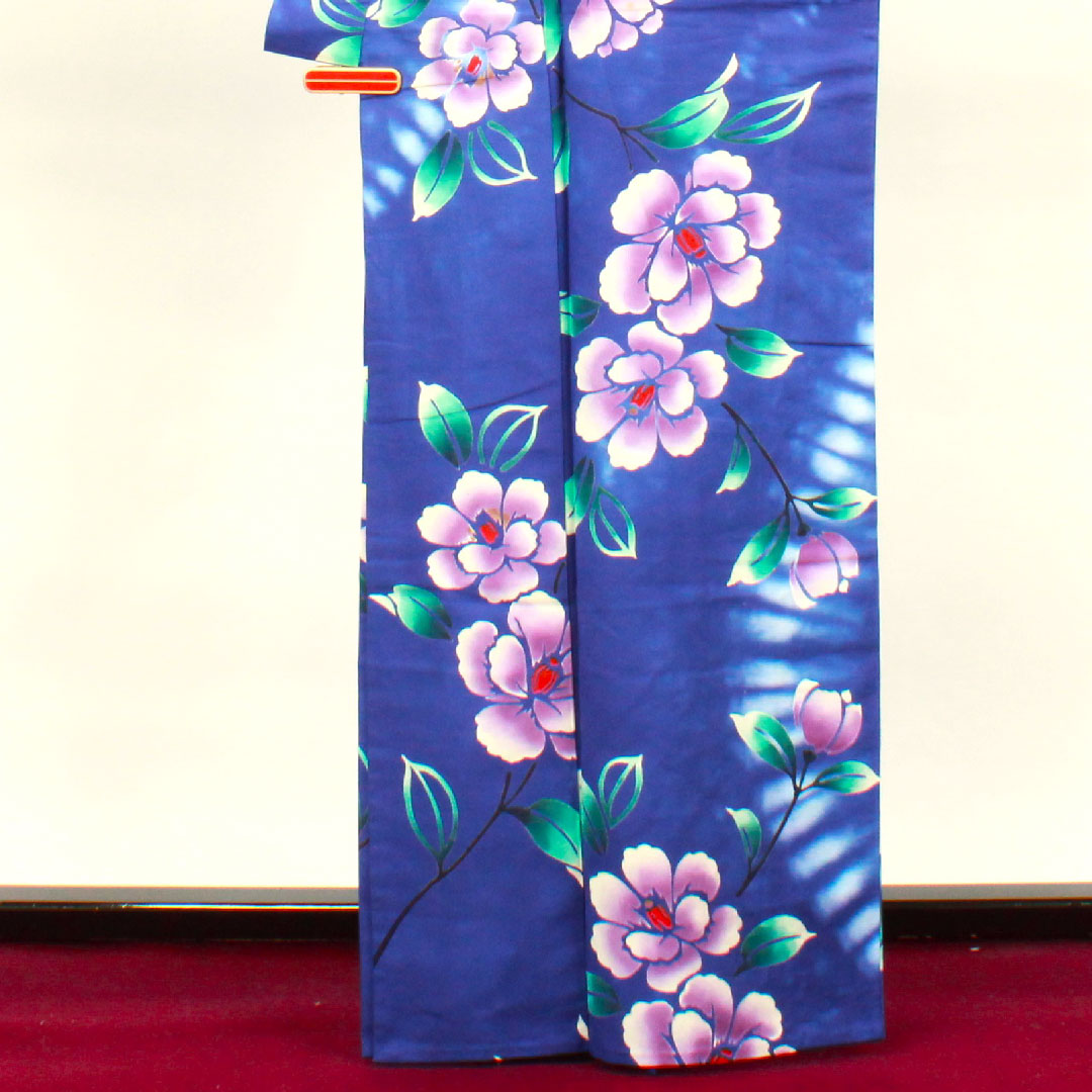 浴衣 青紫色 草花模様 木綿 Aランク 単衣 身丈164cm 裄丈70cm 紫系 1118001723420