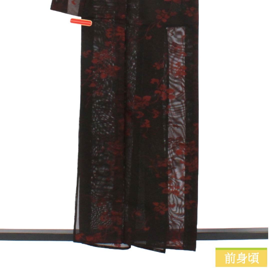 夏物 正絹 お召 Sランク 身丈157.5cm 裄丈64.5cm 海老色(えびいろ) 草花模様 紗 赤系 1132004422312