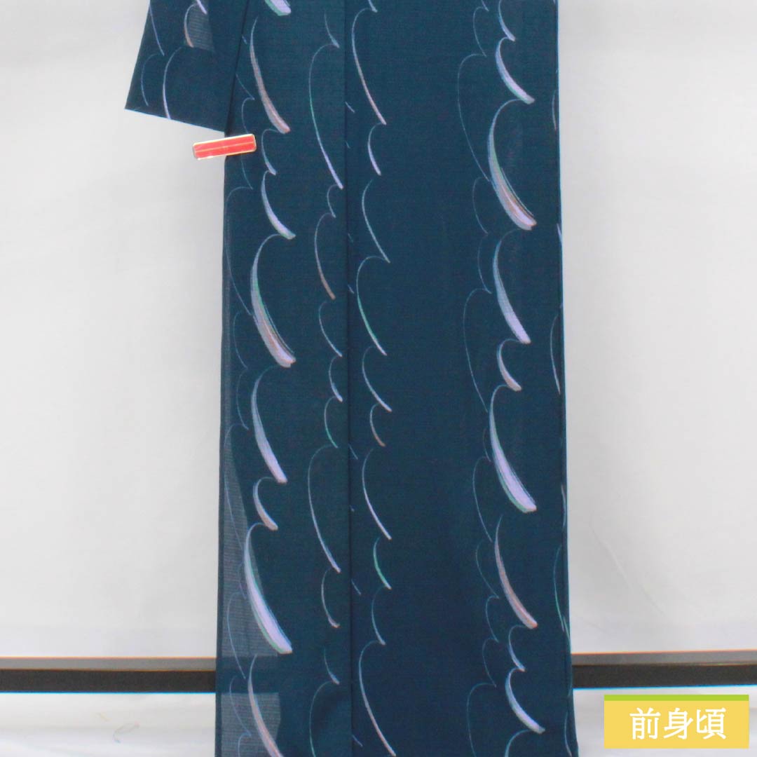 夏物 ポリエステル 小紋 身丈168cm 裄丈66cm 紺鉄色(こんてついろ) 抽象模様 洗える着物 絽 Aランク 紺系 1132002643518