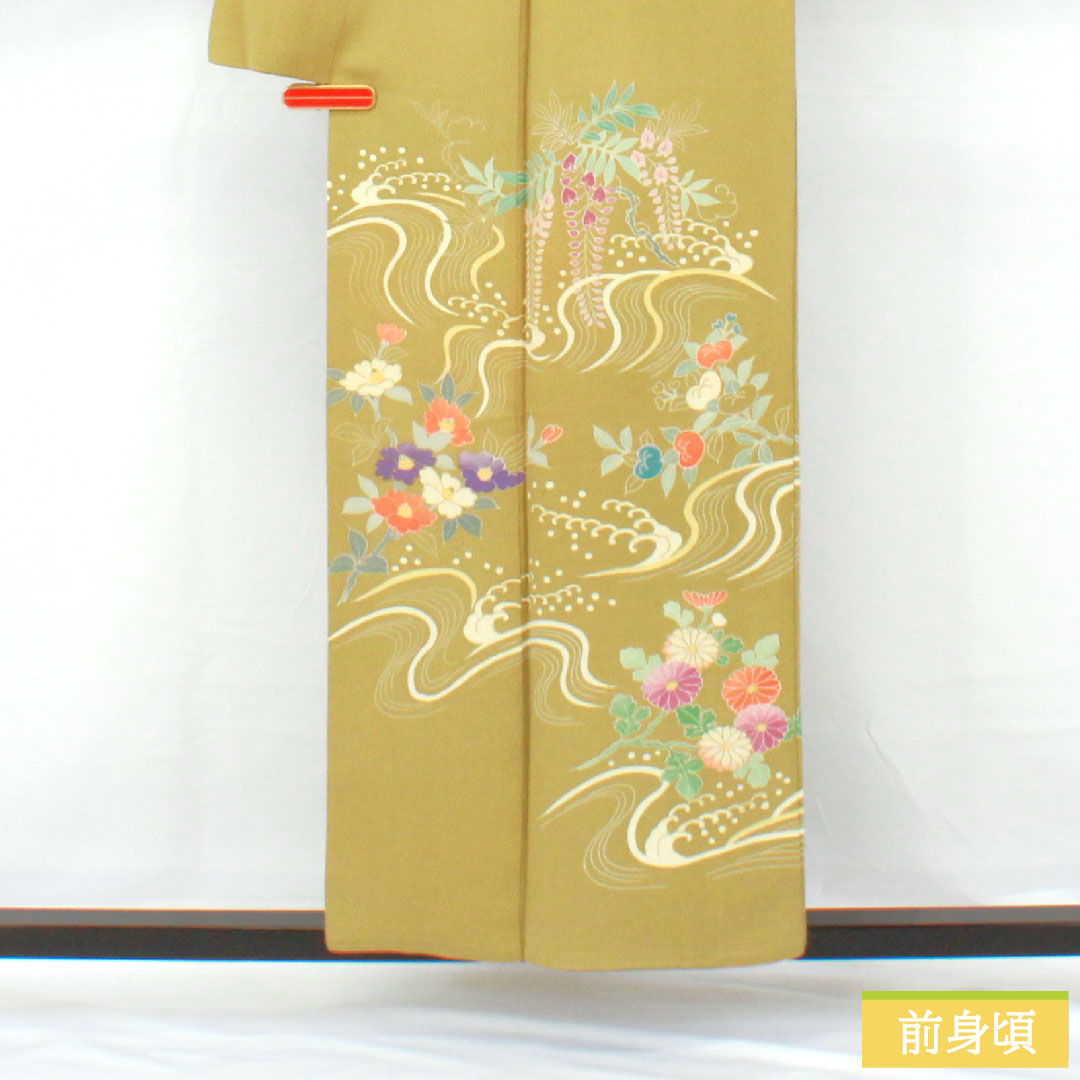 Homongi, pure silk, lined, length 155.5cm, sleeve length 67.5cm, Karakaneiro, Kyoto Yuzen, crepe, floral pattern, A rank, green, 1112005953319