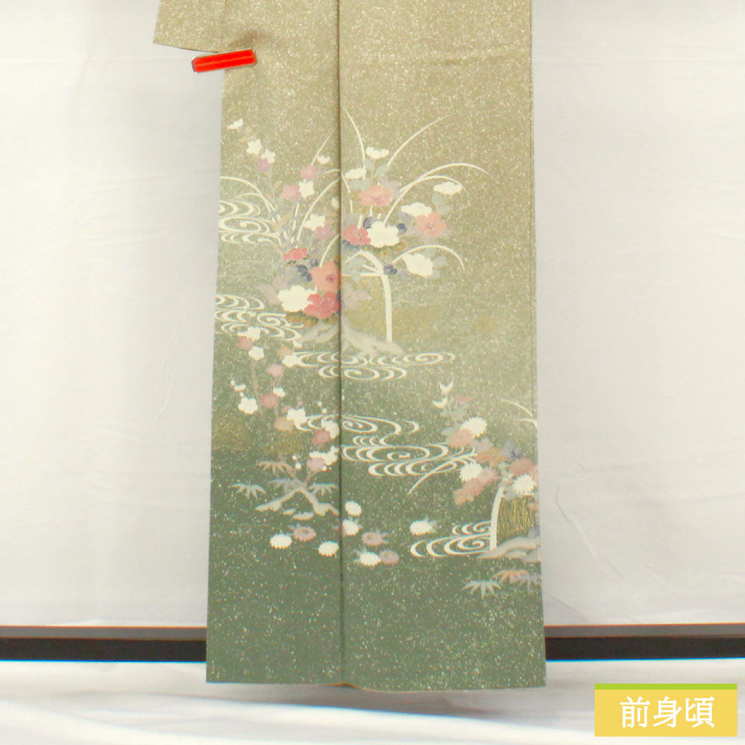 訪問着 正絹 袷 身丈157.5cm 裄丈62cm 蠟色(ろういろ) タタキ染 京友禅 菊 菖蒲 一つ紋 Sランク 緑系 1112005252319