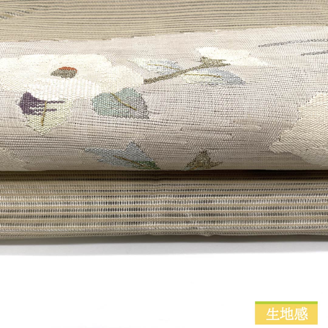 名古屋帯 正絹 亜麻色(あまいろ) 夏帯 すくい織 夏椿 帯丈362cm Sランク ポイント柄 セミフォーマル ベージュ系 1124008702325 松葉仕立て