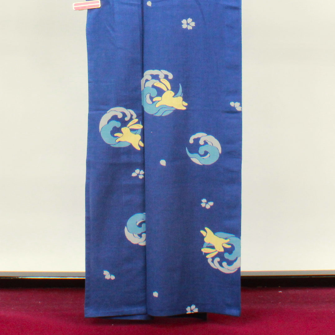 浴衣 桔梗色 ウサギ 桜 木綿 Sランク 単衣 身丈162.5cm 裄丈65.5cm 青系 1118002962417