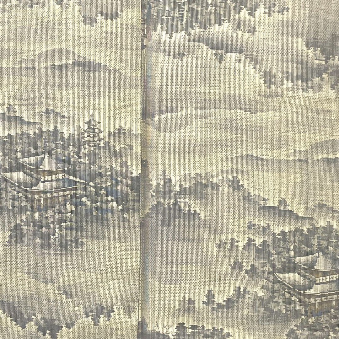 大島紬 身丈164cm 裄丈66cm 寺院風景 正絹 Sランク 袷 白系 1116000782311