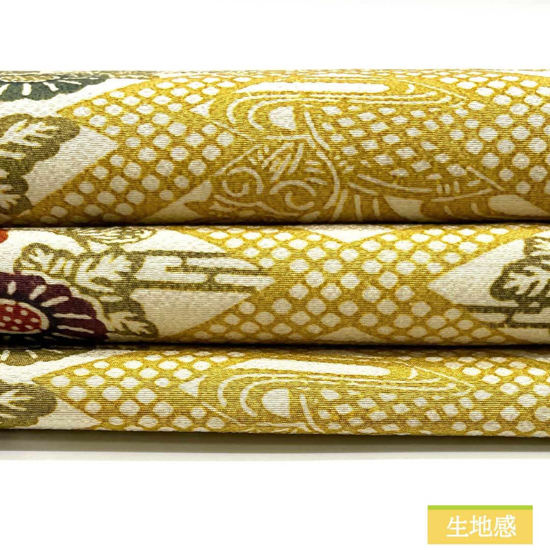 Nagoya obi, gold (kanairo), artist work, Kuriyama Kobo, Japanese dyed red pattern, obi length 392cm, pure silk, A rank, six-pass, casual, beige, 1124008253425, Nagoya tailoring