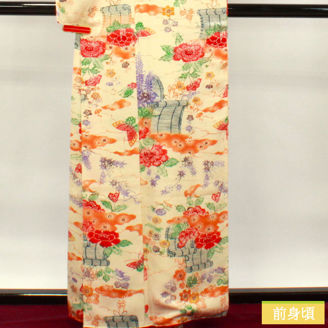 小紋 正絹 身丈161.5cm 裄丈65cm 袷 鳥の子色 型染 草花模様 Sランク クリーム系 1115003762415