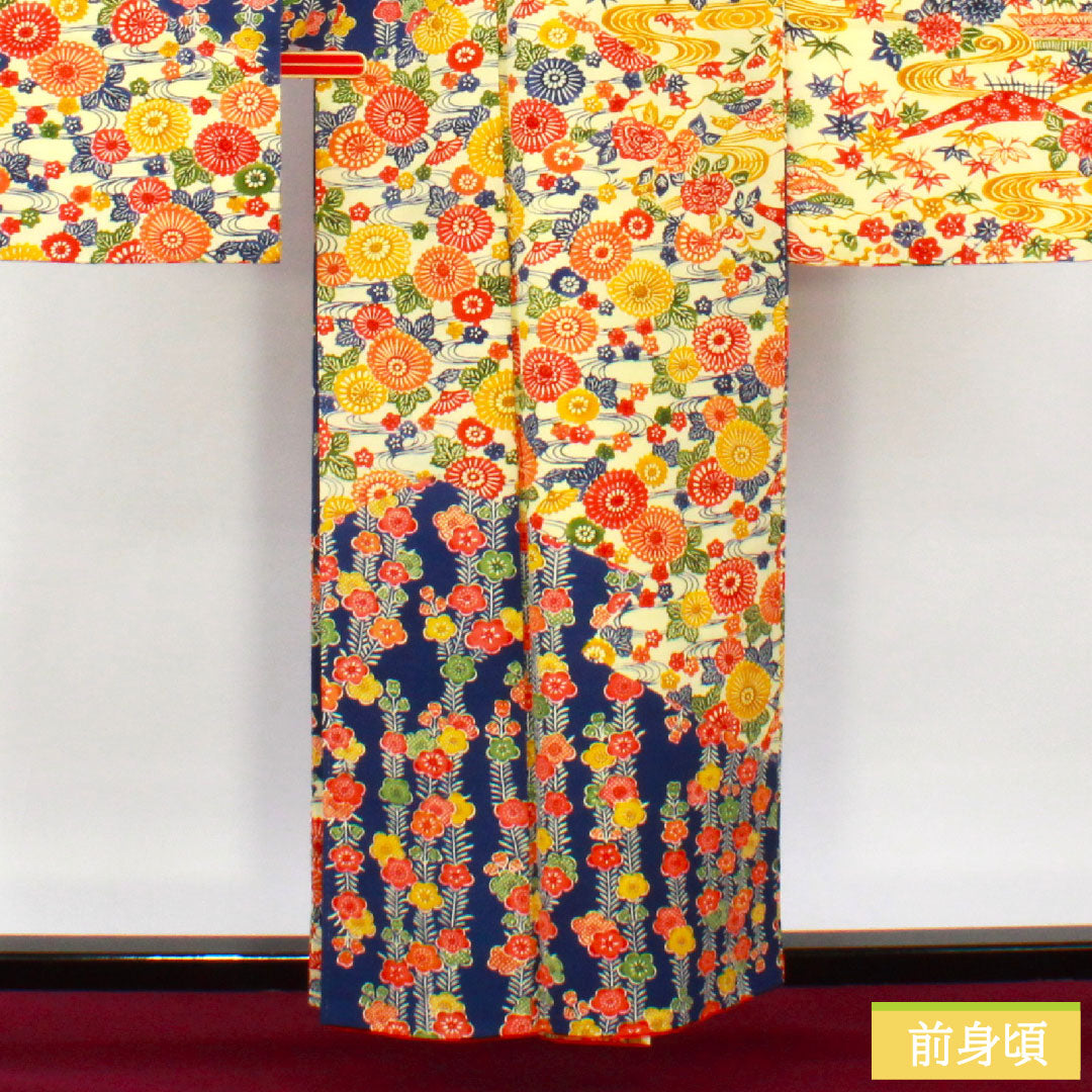 振袖 正絹 身丈157.5cm 裄丈62.5cm 袷 濃紺色(のうこんいろ) 京紅型 吉祥文様 Sランク 紺系 1113002082318