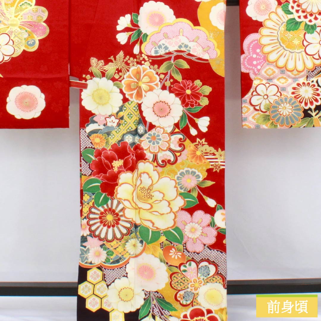 振袖 正絹 Sランク 身丈170.5cm 裄丈67.5cm 袷 真紅色(しんくいろ) 京友禅 吉祥文様 松竹梅 菊 ECOガード加工 赤系 1113002602612