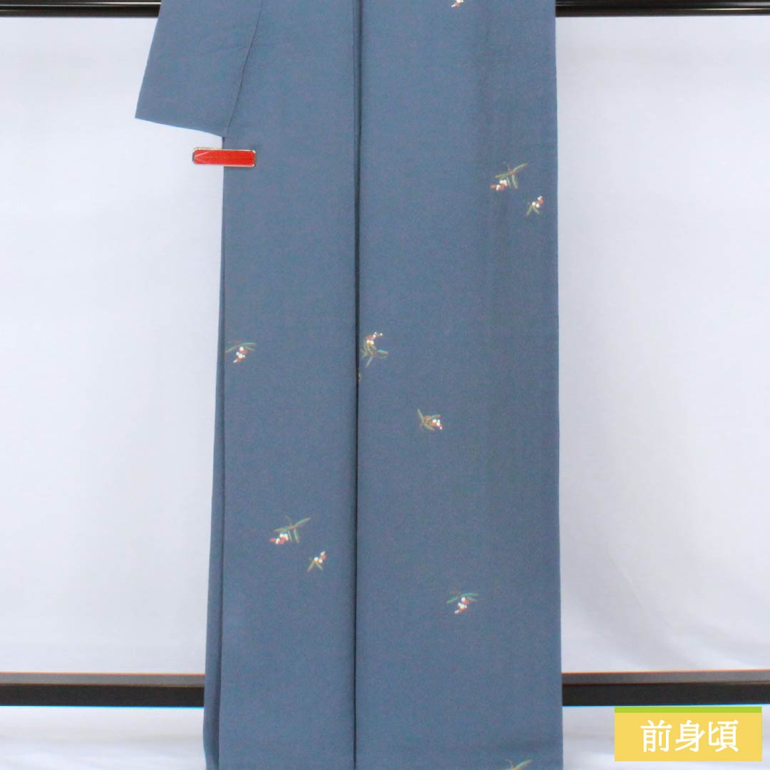 小紋 正絹 Aランク 身丈165cm 裄丈68cm 袷 裏色(うらいろ) 小花 ちりめん地 パールトーン加工 青系 1115007293517